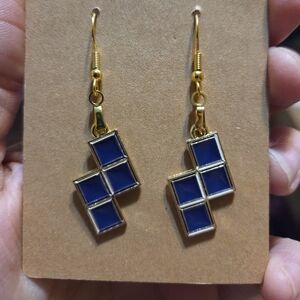 Elegant Gold and Blue Geometric Puzzle Game Dangle Earrings 1 Pair